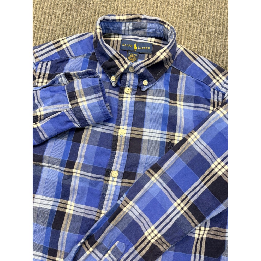 Ralph Lauren Kids Blue Plaid Button Down Shirt Long Sleeve Cotton Size L 14-16